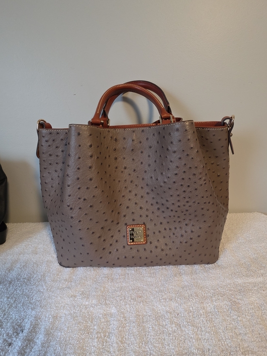 Dooney & Bourke Handbags - Dooney & Bourke Taupe Ostrich-Embossed Tote with Brown Trim